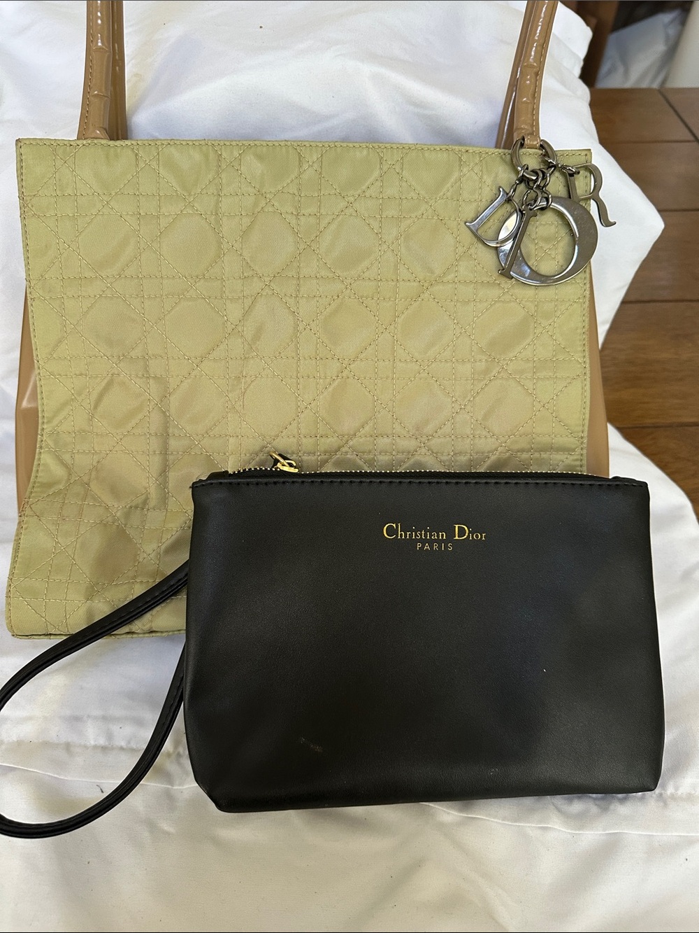 Vintage Dior Olive Green Quilted Tote with Signature Charms w/ BK wristlet